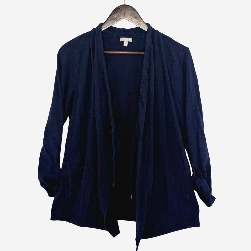 Talbots Open Front Cardigan Women's LP Navy Drawstring Roll Tab Sleeve Nautical